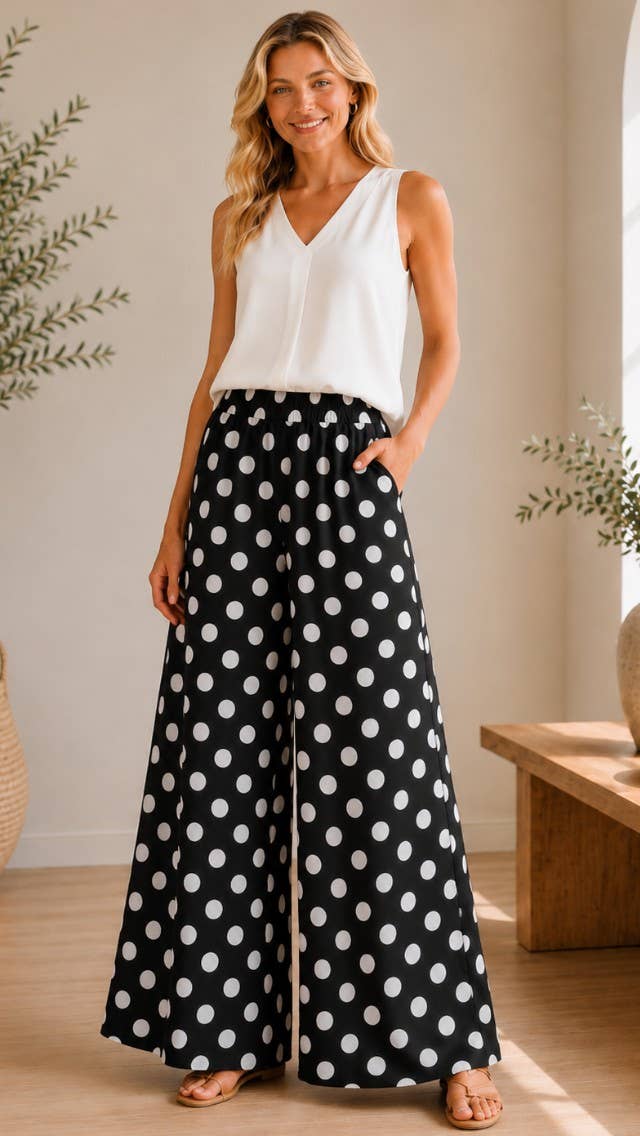 Polka dotted flare flowy pants with pockets