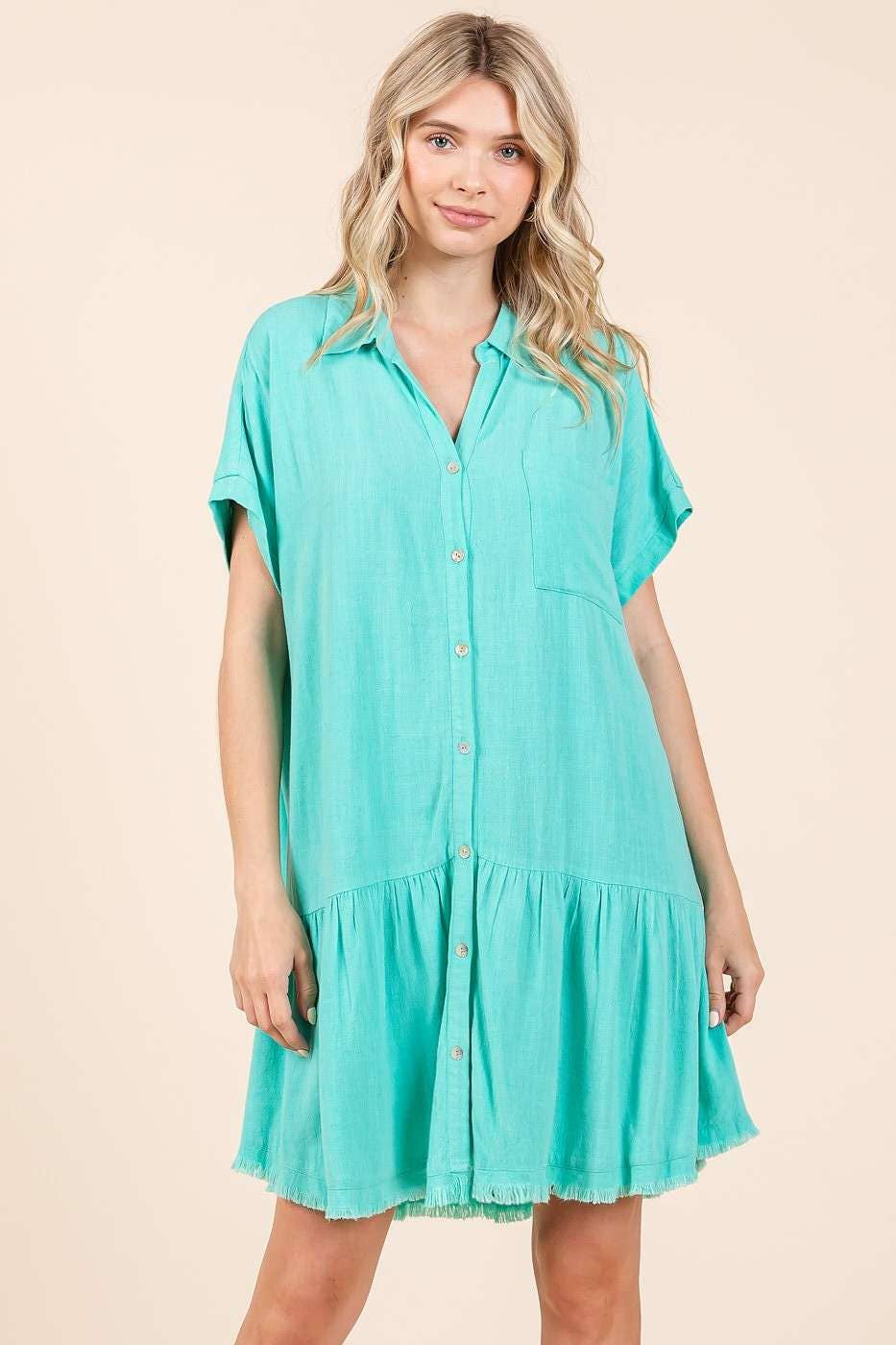 LINEN BLEND COLLARED BUTTON DOWN SHIRT MINI DRESS