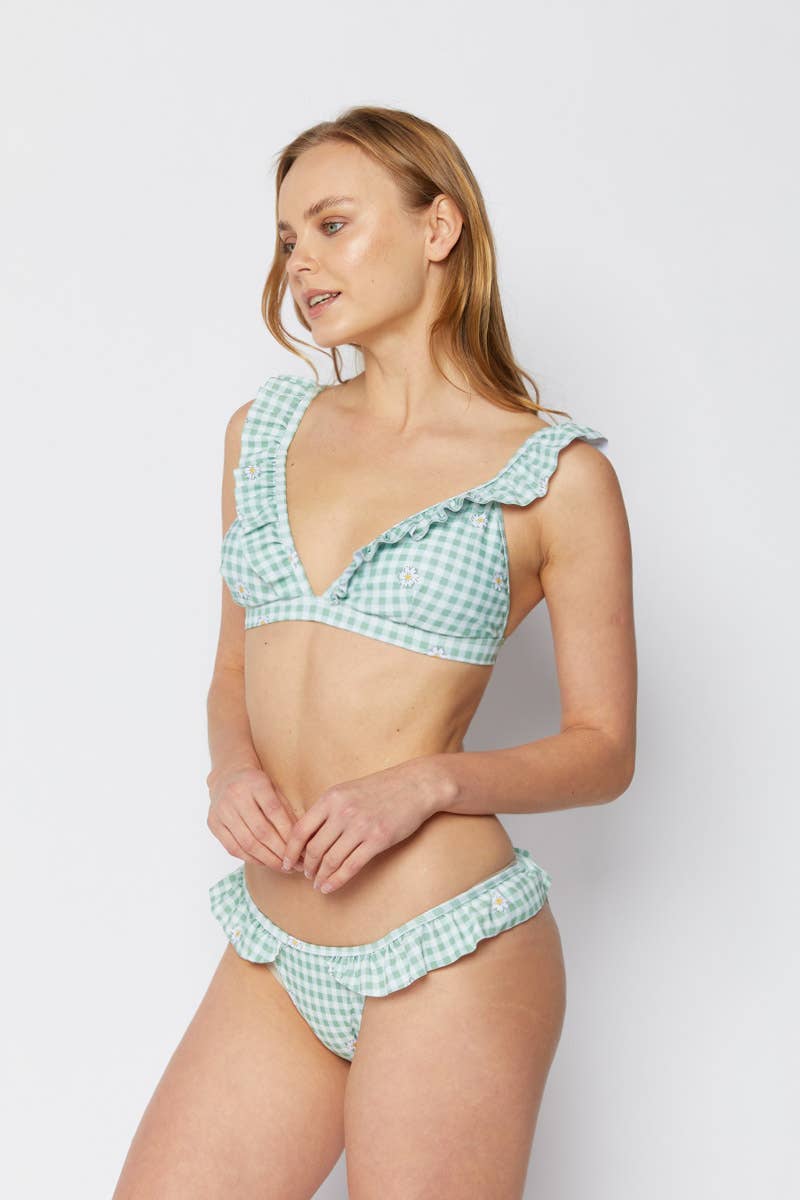 Ruffled bikini 2pcs Set - Gingham Daisy Lime