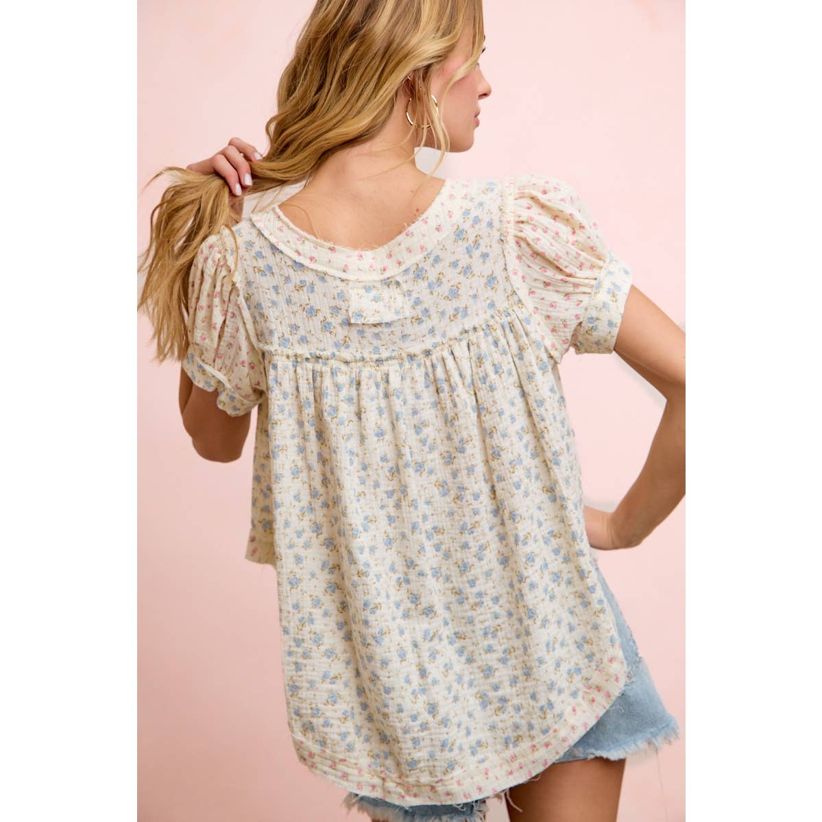 BiBi FLORAL CRINKLE NECKDROP SHORT SLEEVE BLOUSE TOP