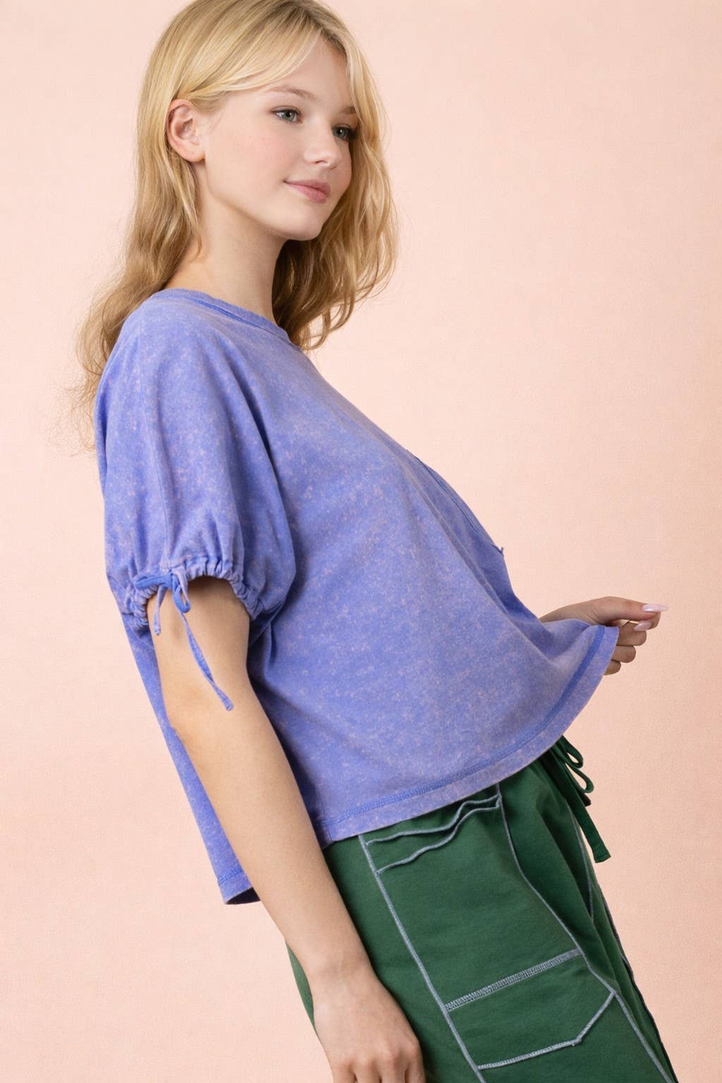 Mineral Washed Sleeve Tie Detail Knit Top