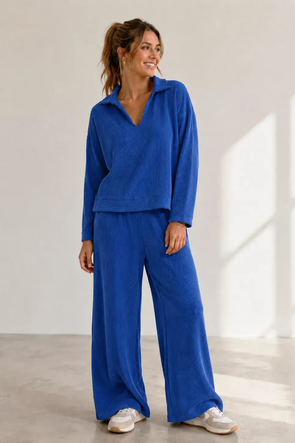 Ribbed Johnny Collar Drop Shoulder Top