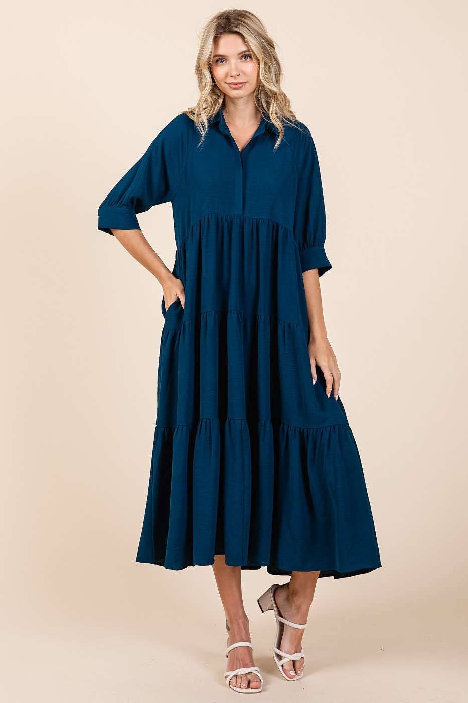 mittoshop - AIRFLOW COLLAR BUTTON FRONT TIERED MAXI DRESS