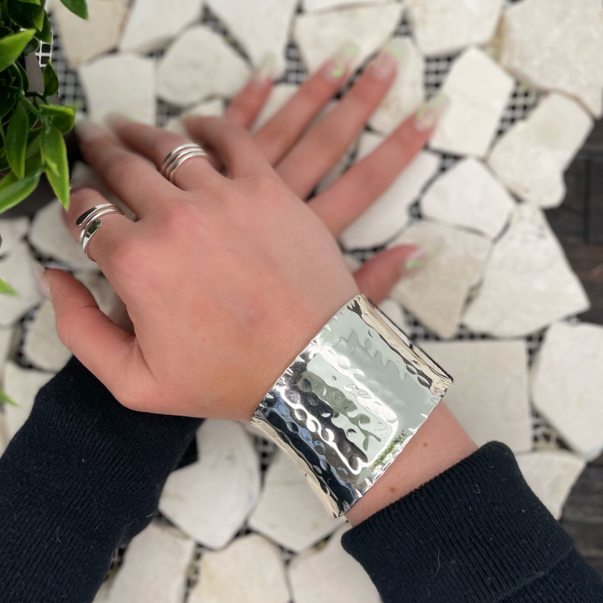 Anju Jewelry - Silver Plated Adjustable Cuff Bracelet - Hammered Wide Cuff