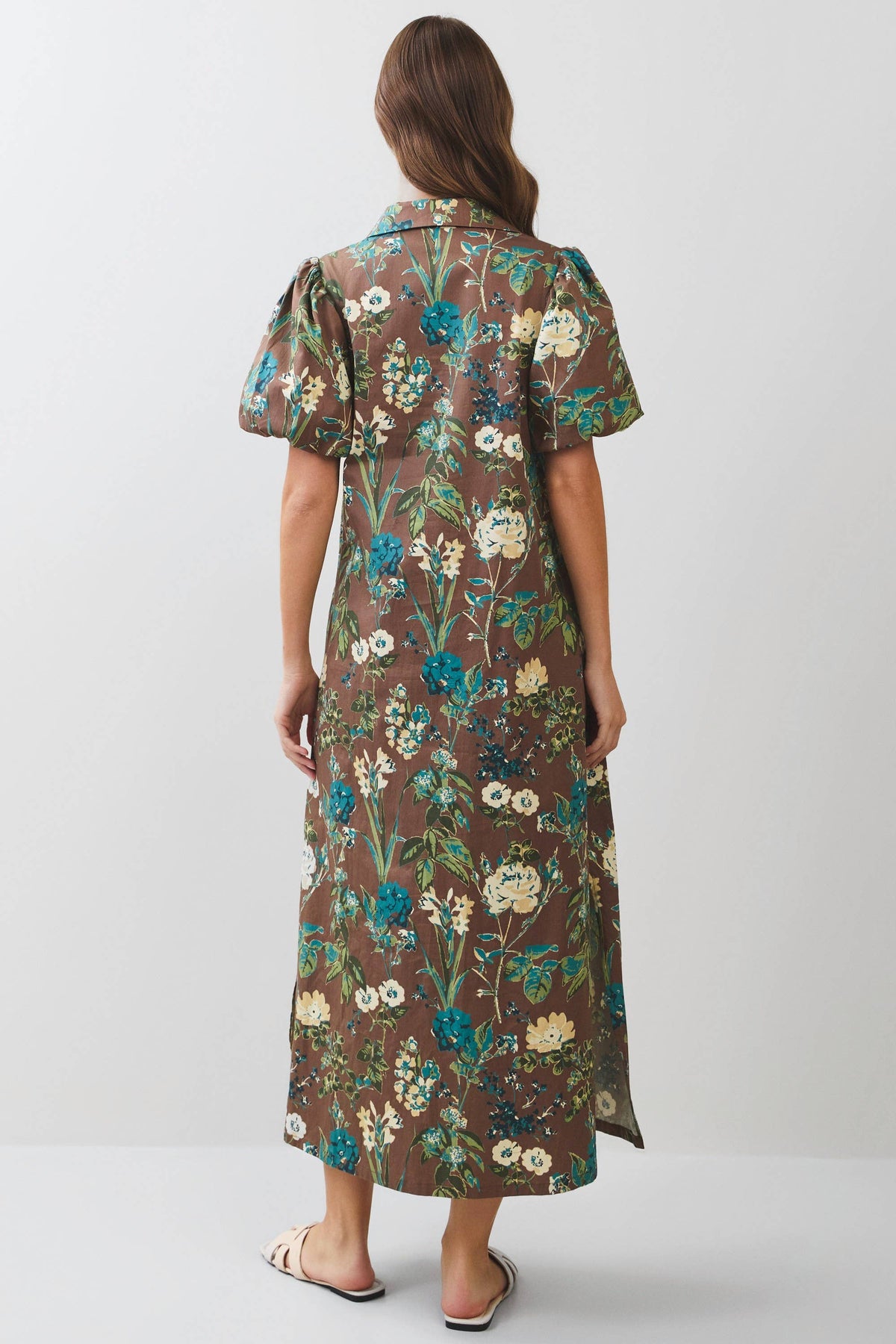 Floral Puff Sleeve Collared Midi Dress