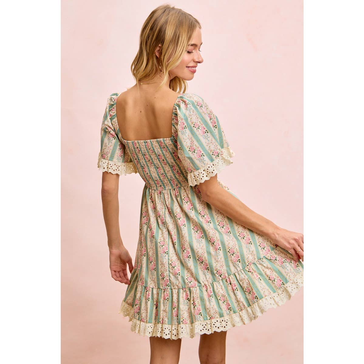 STRIPED FLORAL PRINT SMOCKED DRESS WITH TRIM