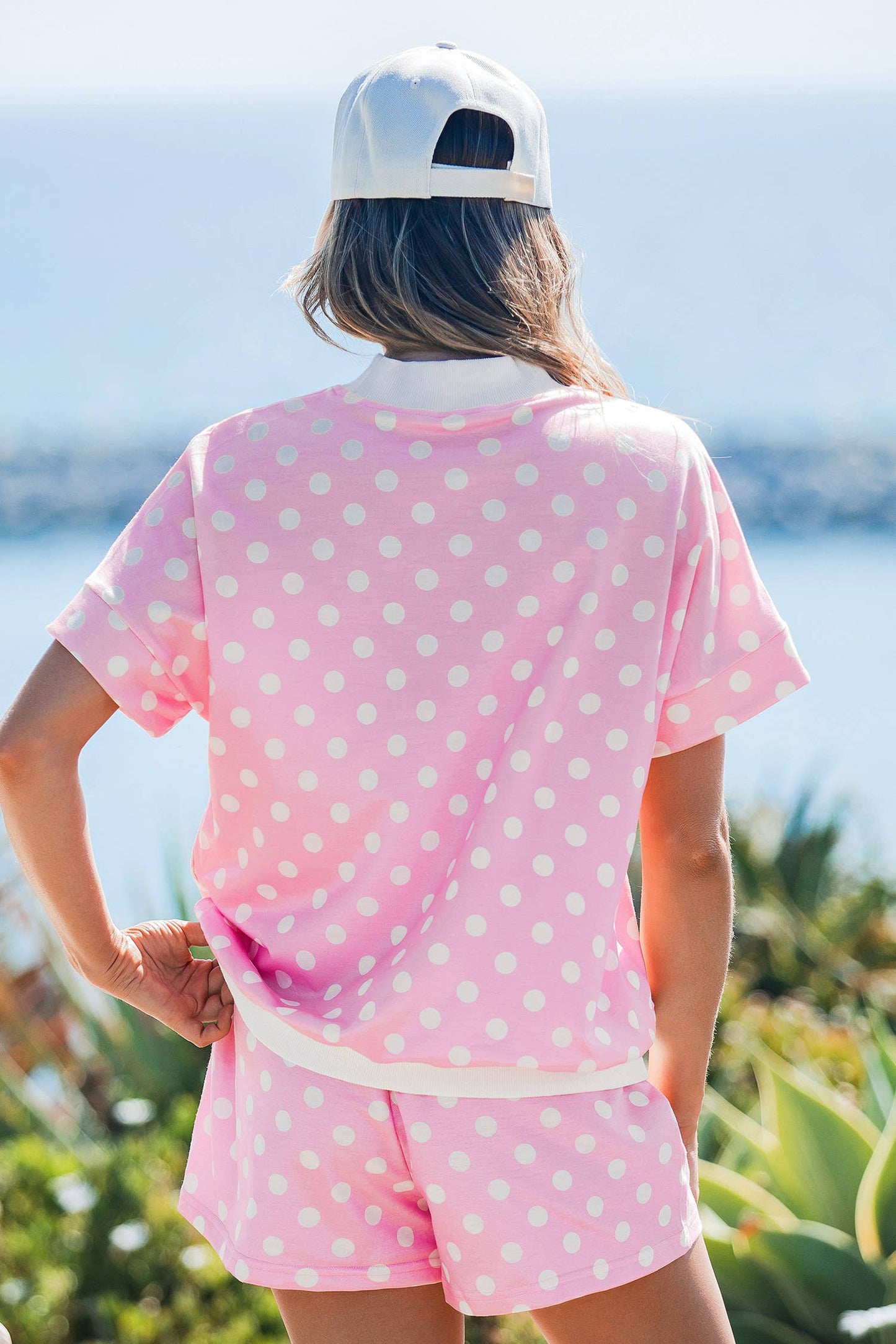 Polka Dot Print Color Block Trim Mock Neck Short Set