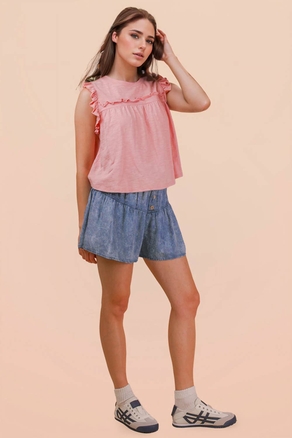 Washed Chambray Button Down Flare Shorts