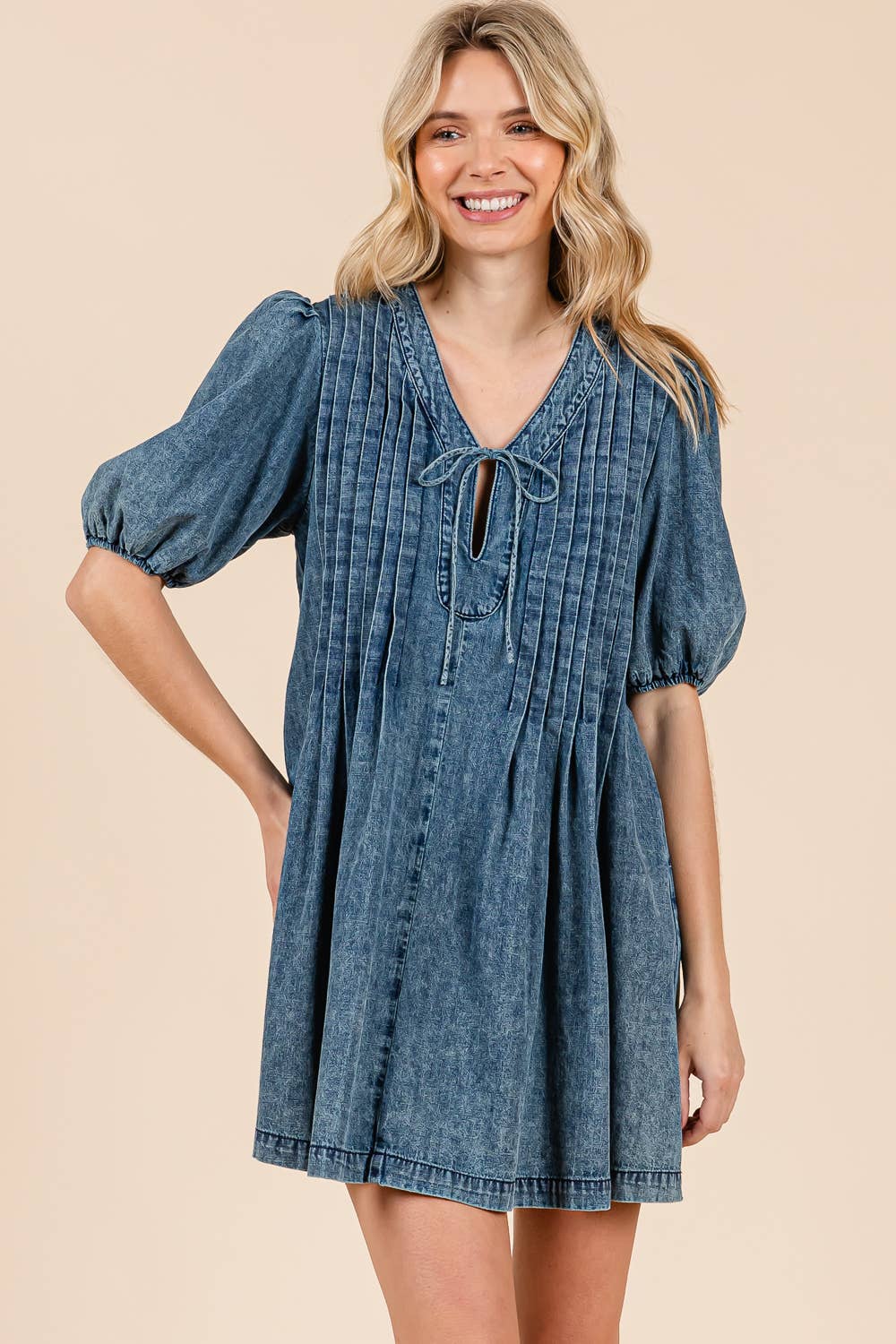 Loose-Fit Denim Pleated Mini Dress,