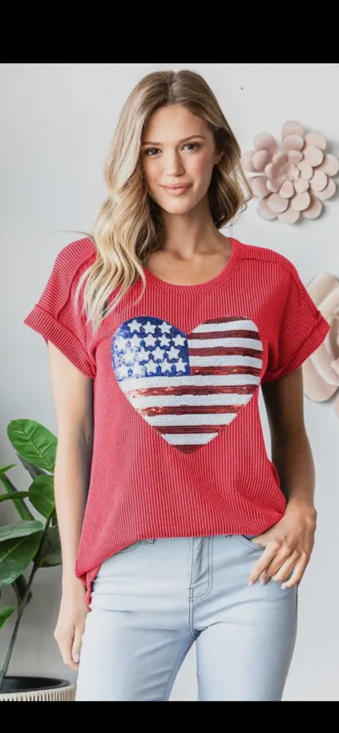 Heart sequin flag ribbed top
