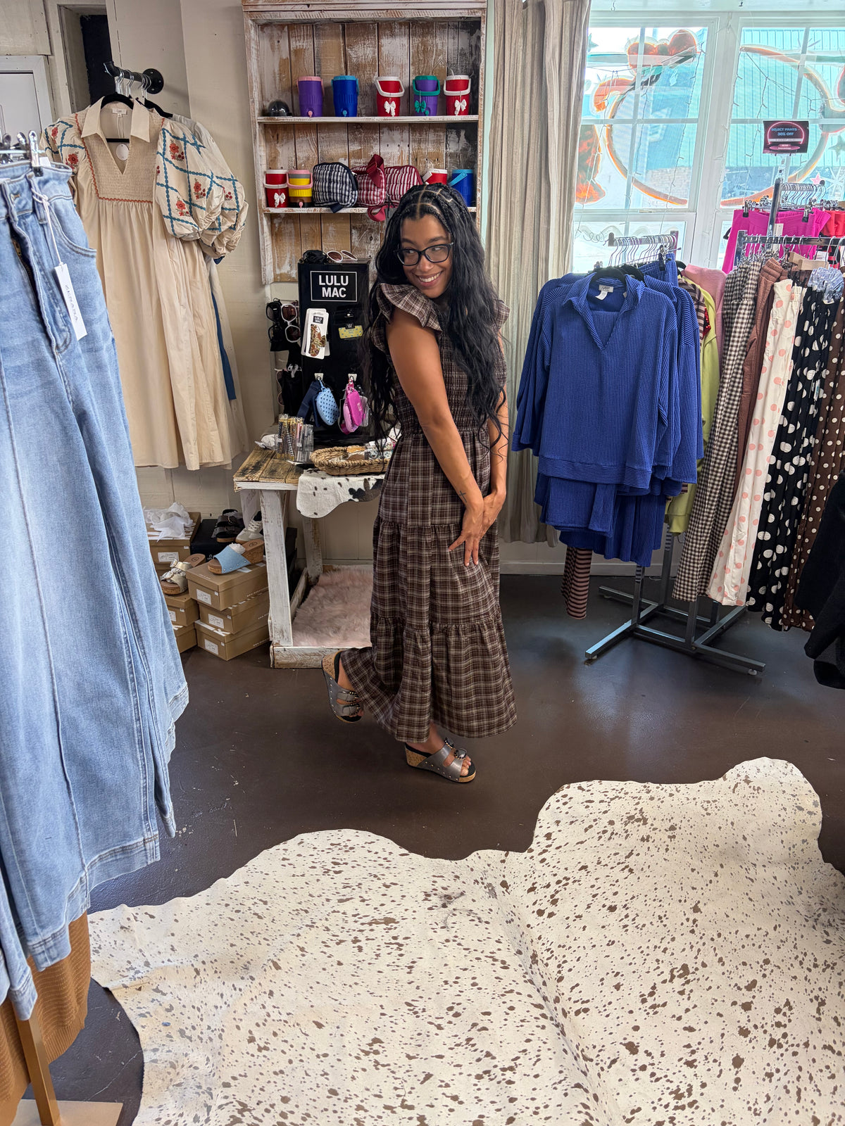 PLAID V NECK SMOCKED TIERED MIDI DRESS