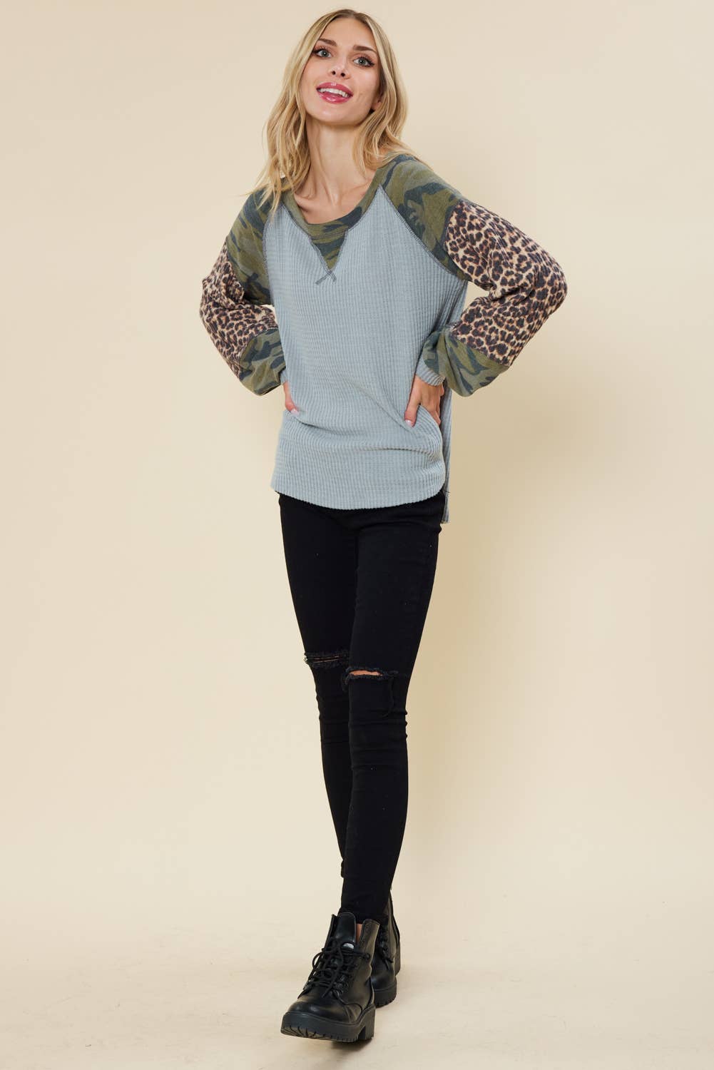 SOLID WAFFLE TOP FEATURING CAMO AND ANIMAL PRINT
