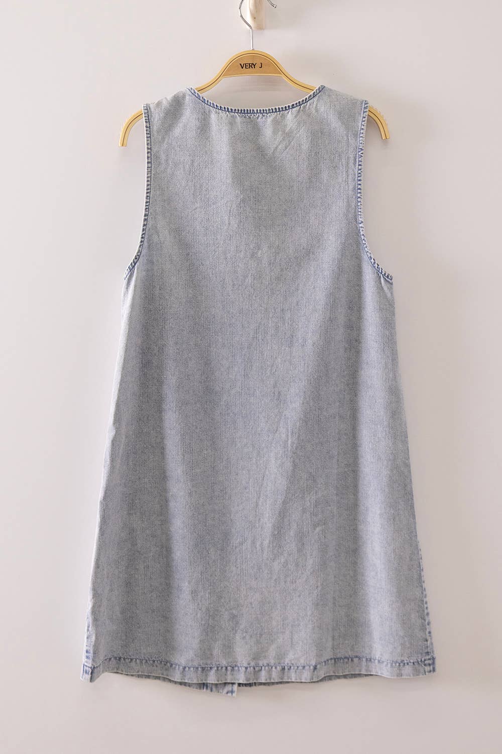 -Scallop Button Washed Denim Mini Dress