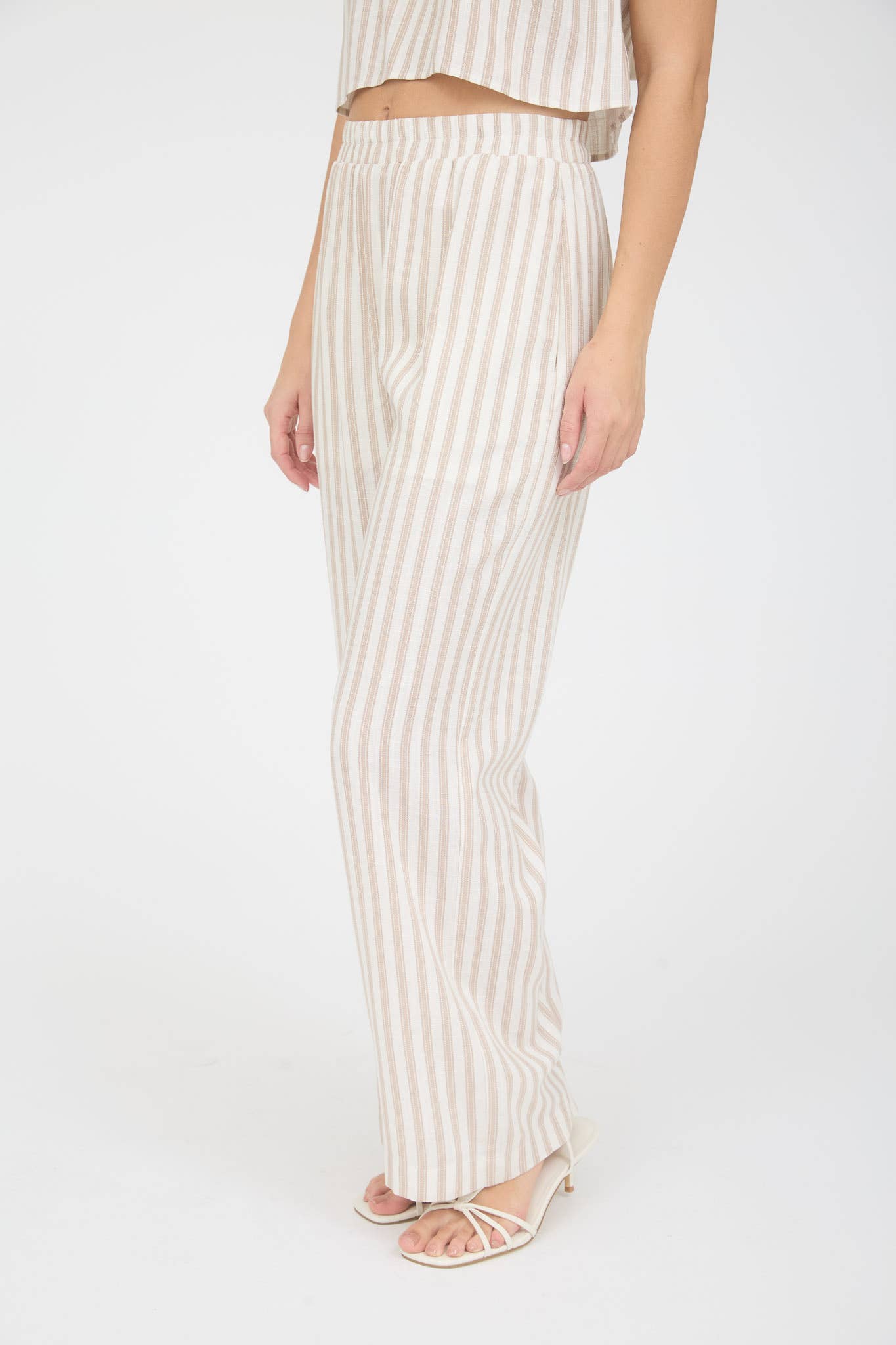 STRIPE LINEN WIDE LEG PANTS: KHAKI