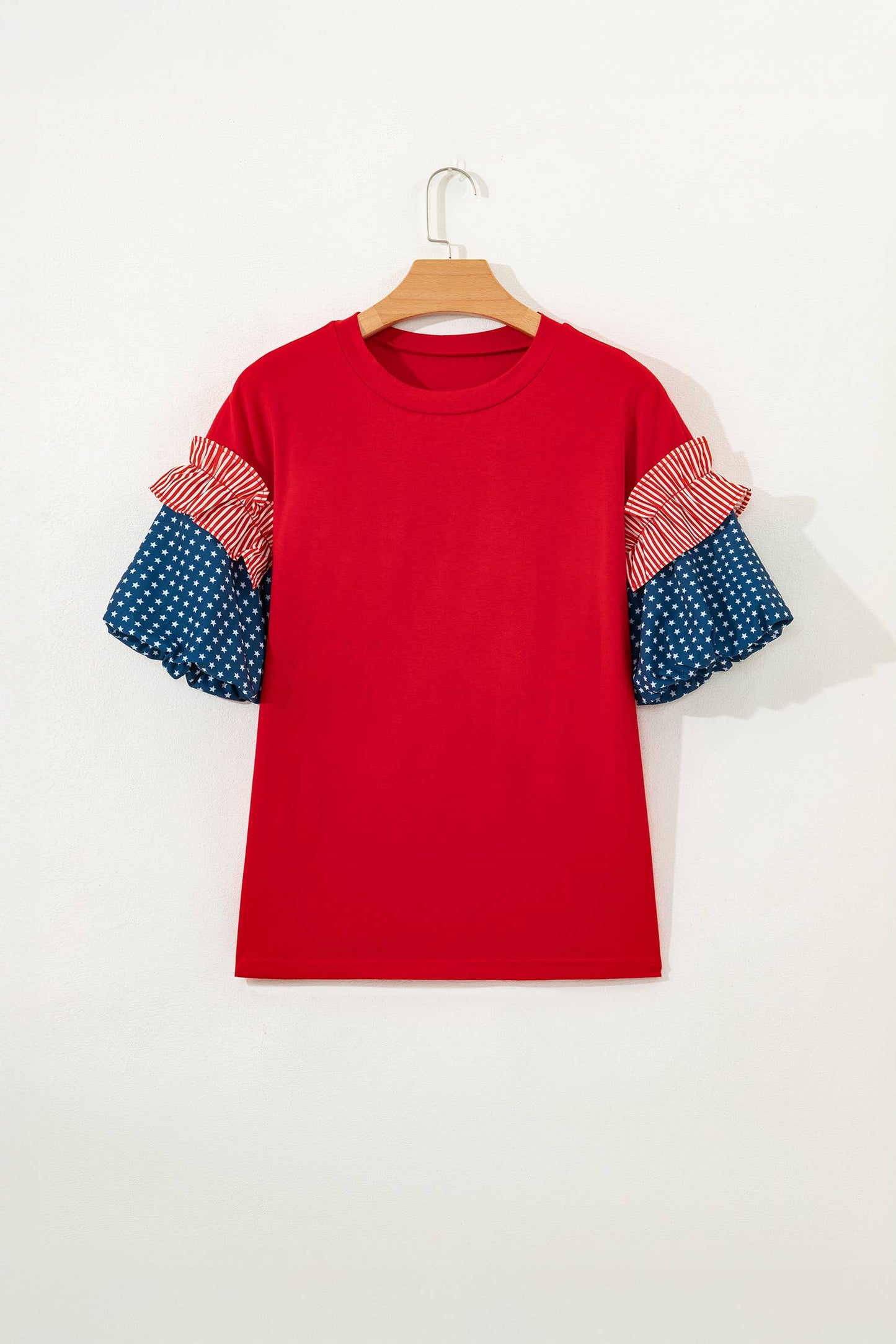 Stars Stripes Round Neck Short Puff Sleeve