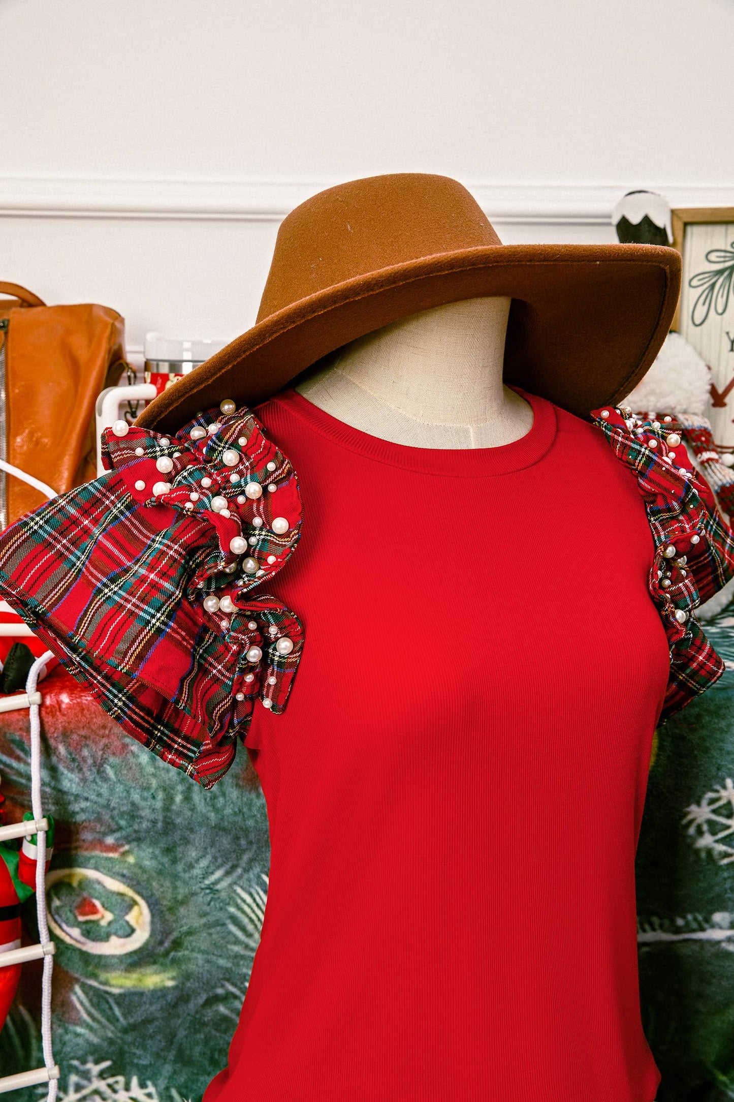 Christmas Plaid Pearl Ruffle Short Sleeve Loose T Shirt