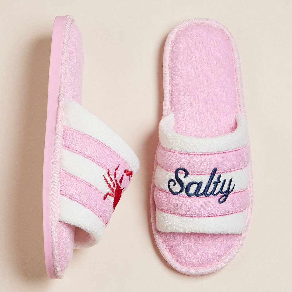 Crab Salty Embroidered Striped Indoor Floor Slippers: Pink