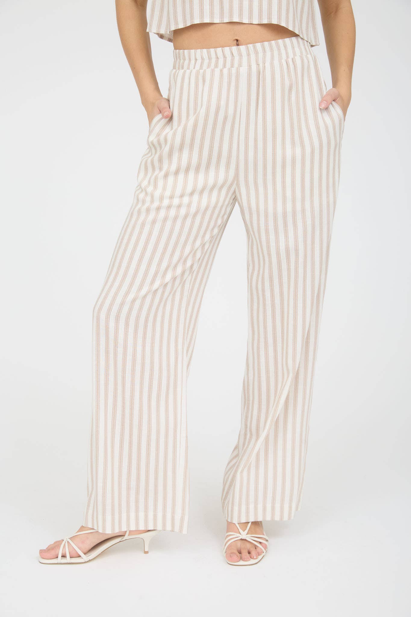 STRIPE LINEN WIDE LEG PANTS: KHAKI