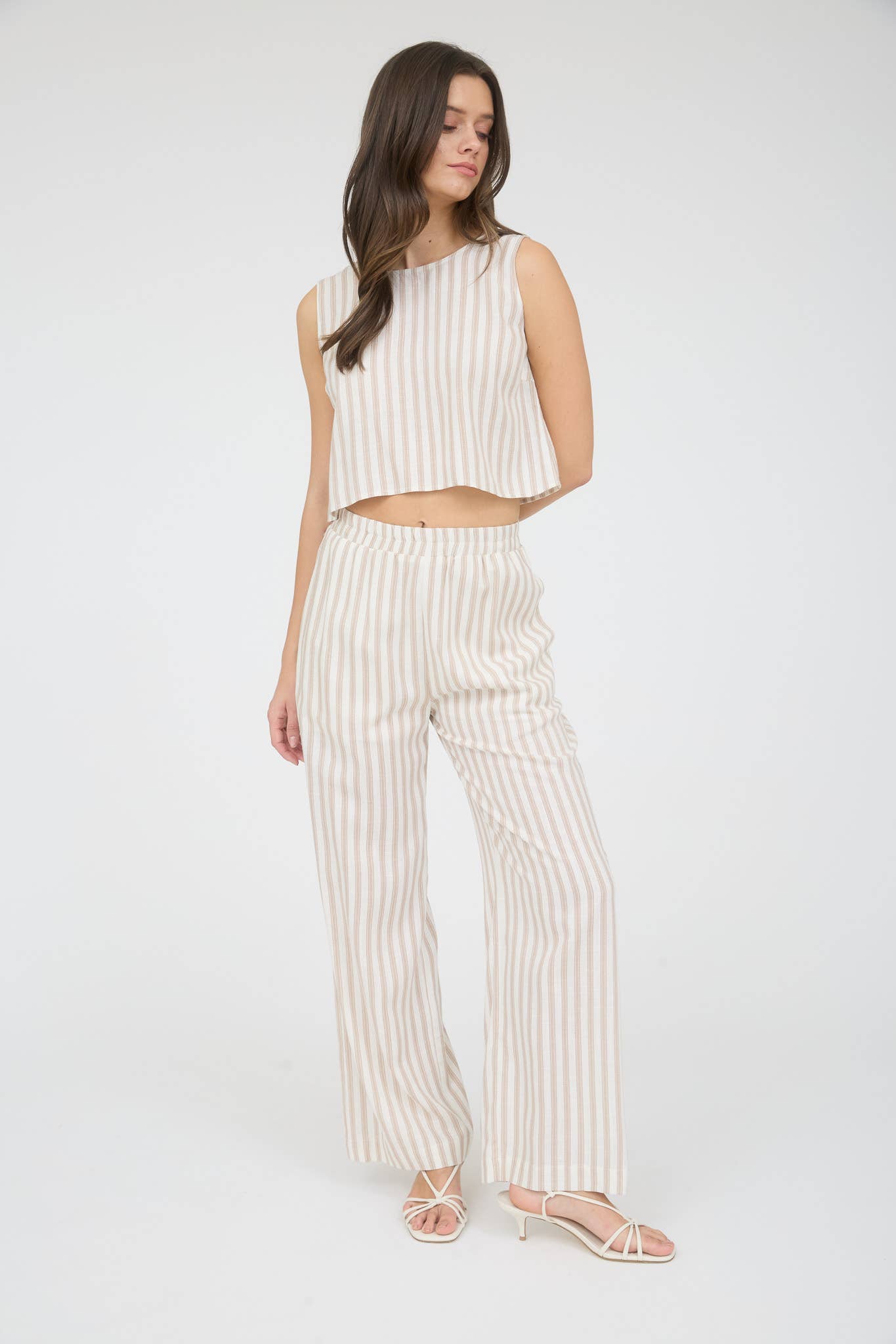 STRIPE LINEN WIDE LEG PANTS: KHAKI
