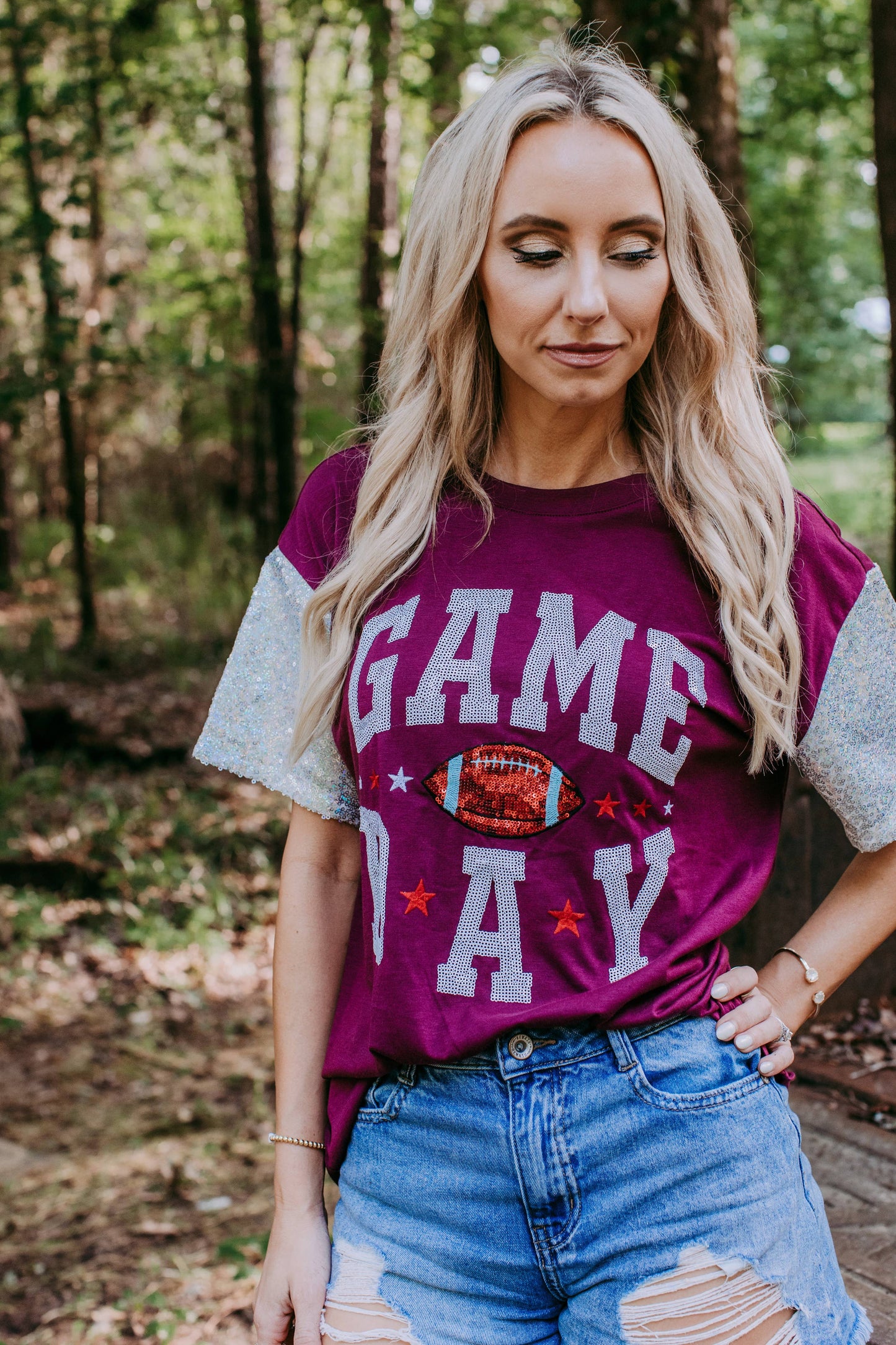 Sequins Embroidery Game Day Tee (Burgundy):