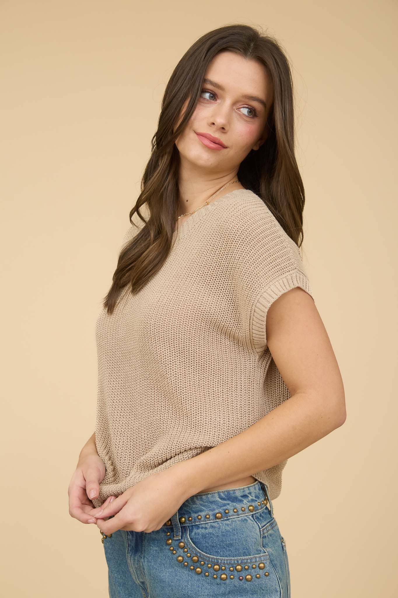 CREW NECK SHORT SLEEVE CROCHET KNIT PULLOVER: TAUPE