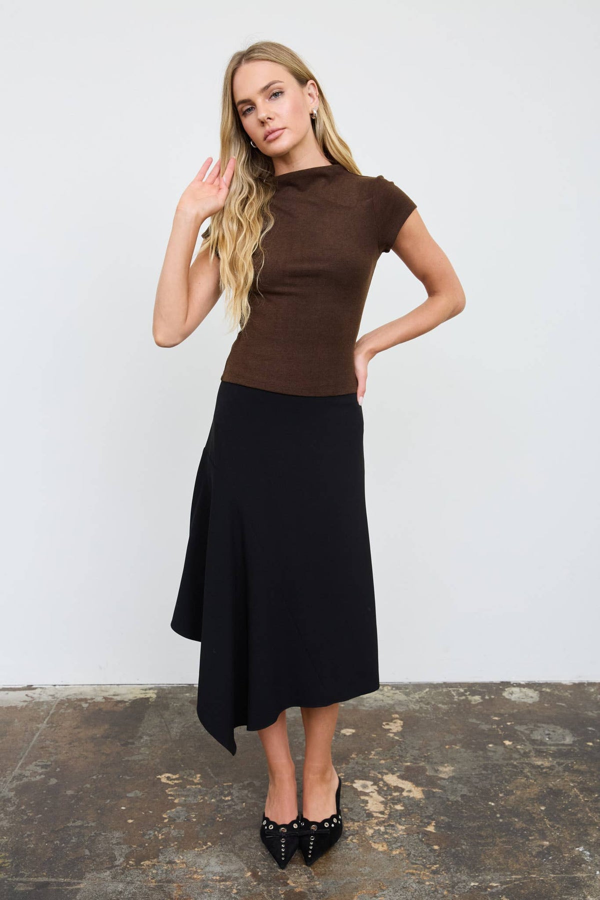 MOCK NECK CAP SLEEVE HEATHERED KNIT TOP