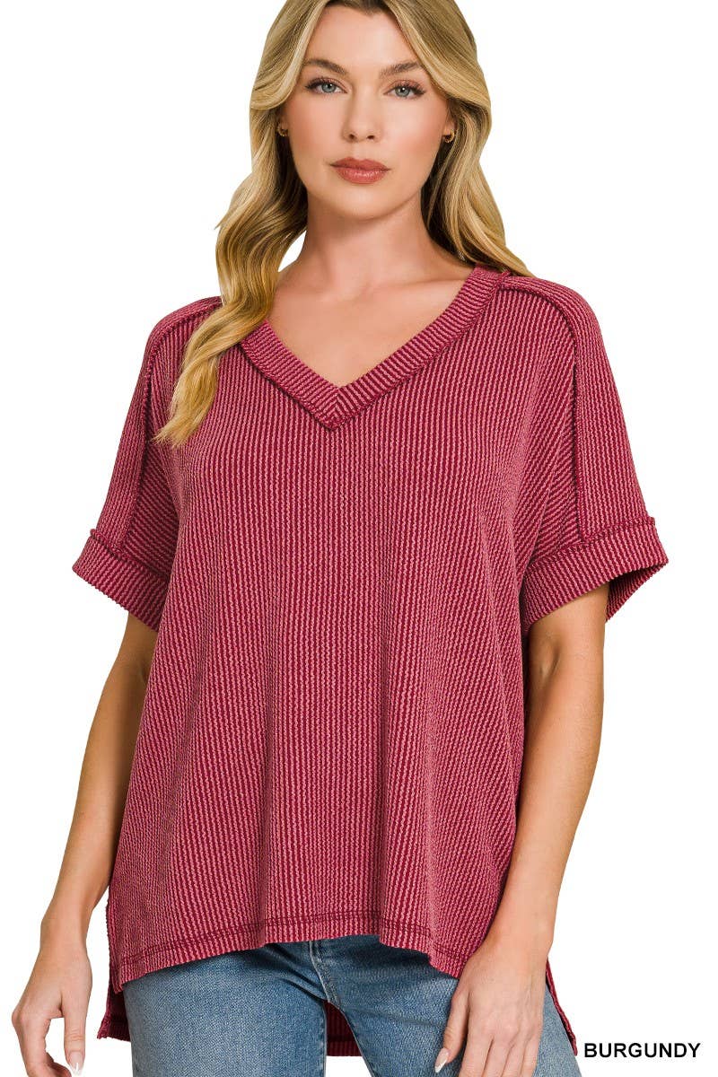 Maroon ribbed v neck top