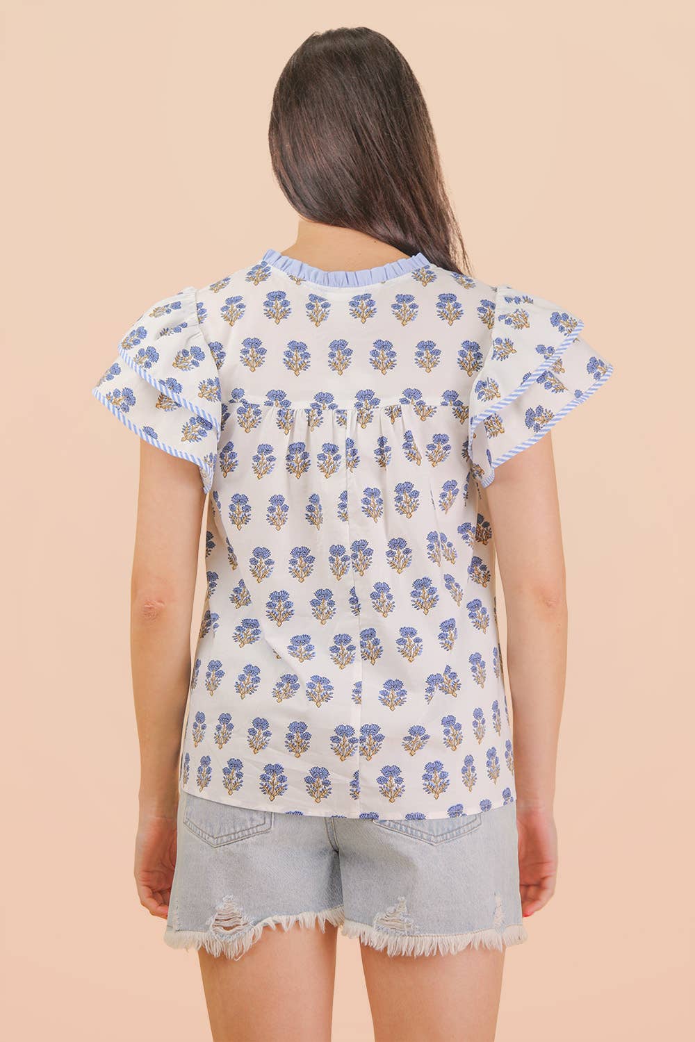 Ruffle Sleeve Printed Woven Blouse Top