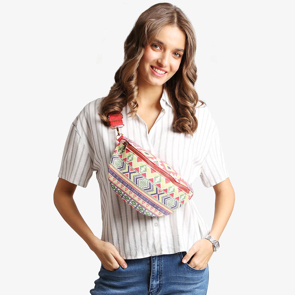 Boho Abstract Embroidered Crossbody Belt Bag / Fanny Pack: PINK GREEN