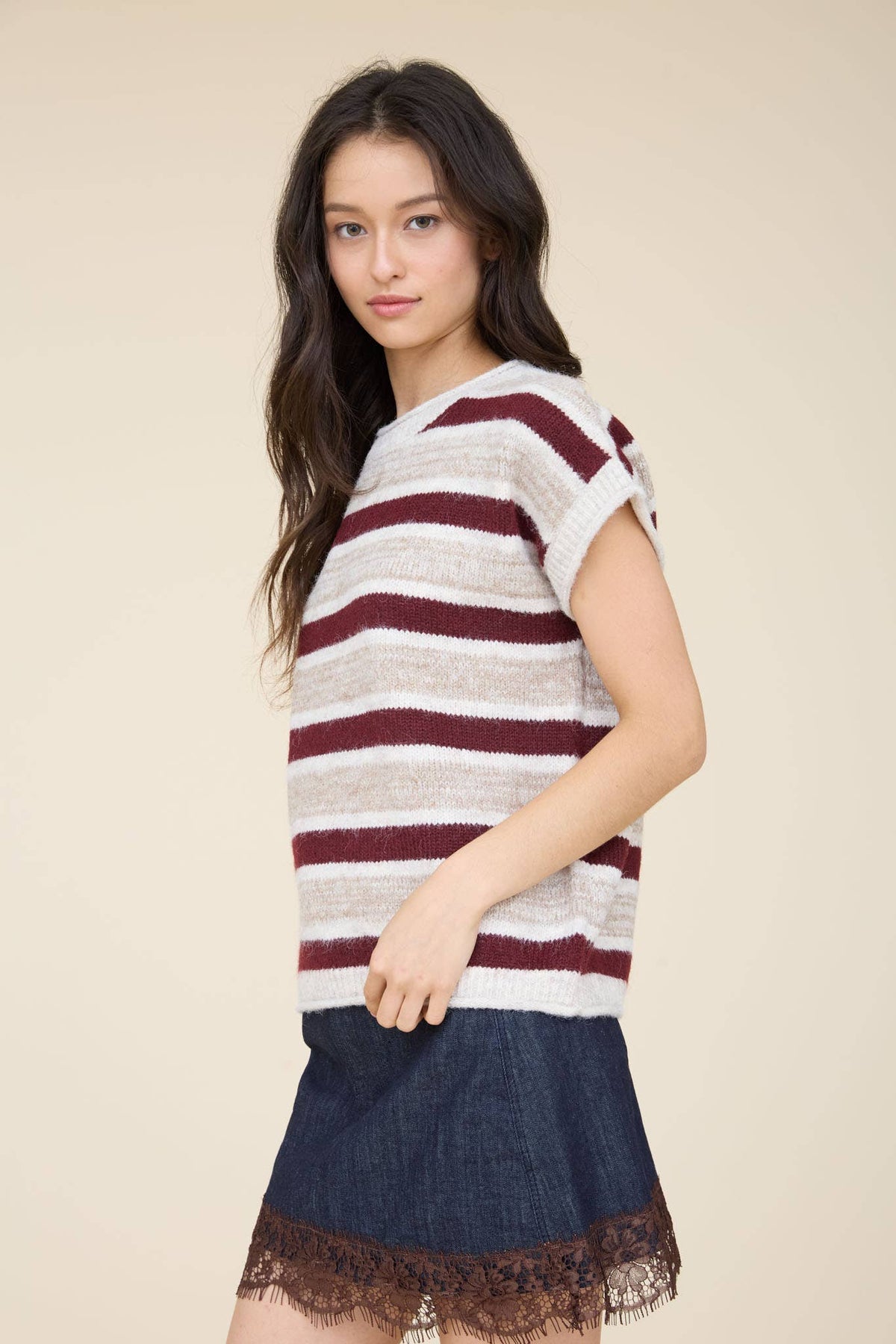 Blu Pepper - MARLED STRIPE SHORT SLEEVE RAW EDGE KNIT SWEATER