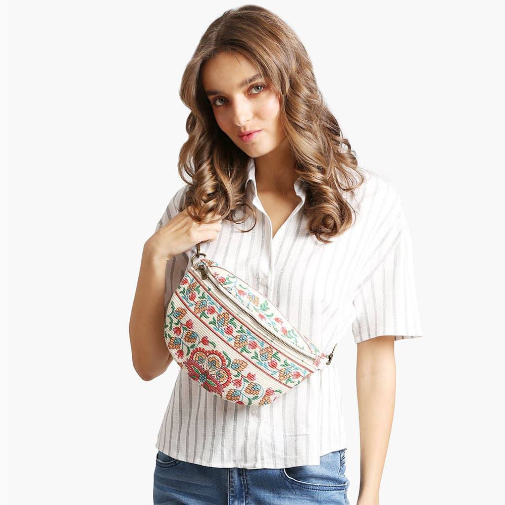 Boho Abstract Embroidered Crossbody Belt Bag / Fanny Pack: PINK GREEN