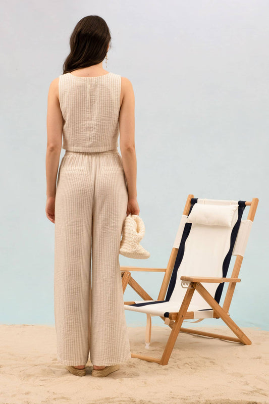 STRIPE SLEEVELESS CROP TOP AND LOUNGE BOTTOMS SET: LIGHT KHAKI