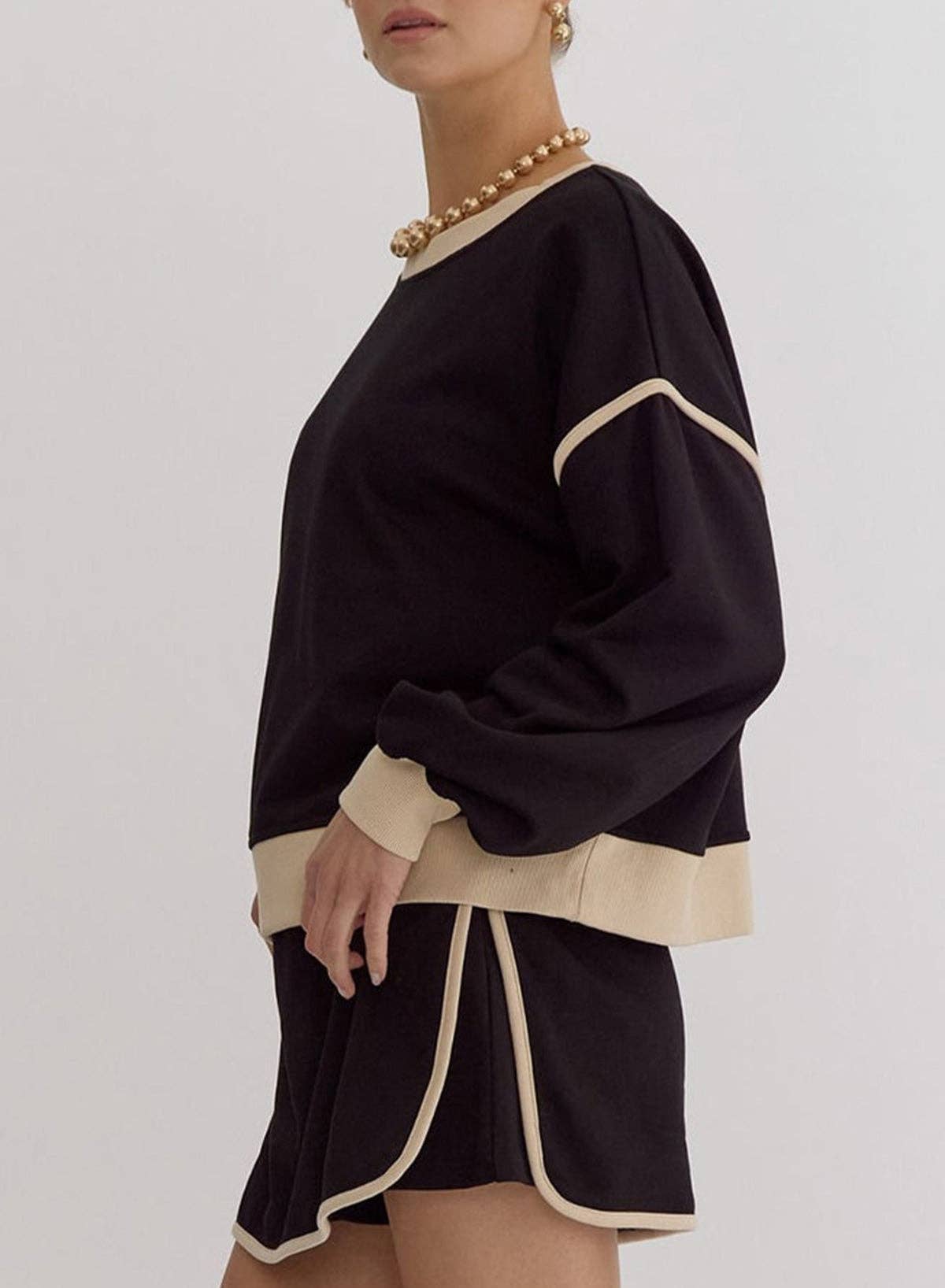 black Contrast Loose Pullover and Lace-up  waist set available in 3 colors