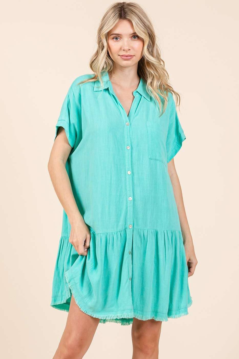 LINEN BLEND COLLARED BUTTON DOWN SHIRT MINI DRESS