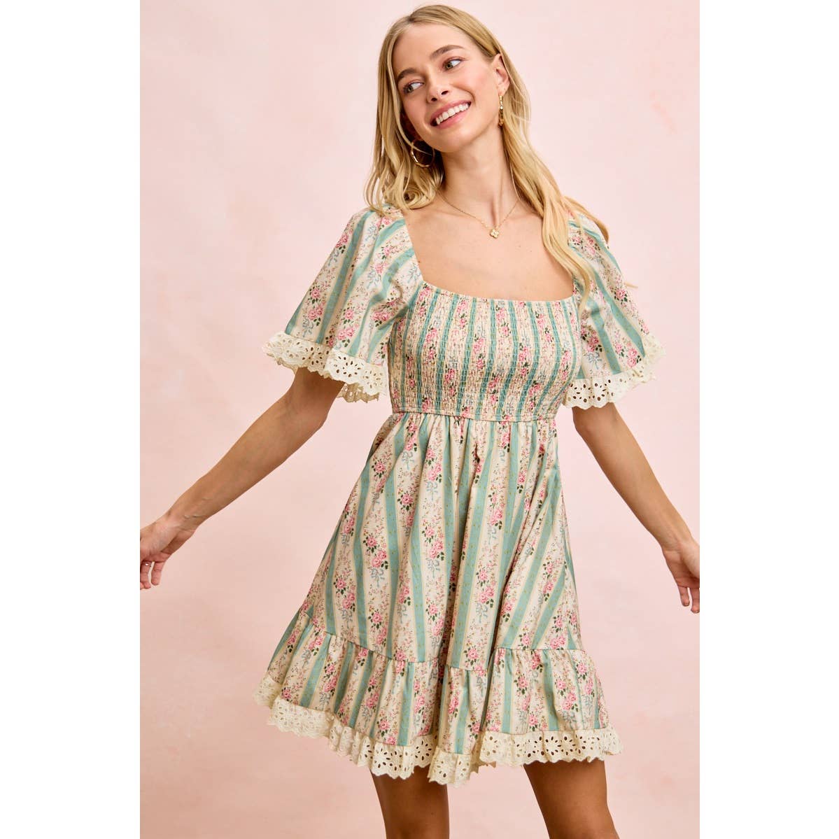 STRIPED FLORAL PRINT SMOCKED DRESS WITH TRIM
