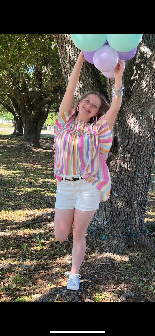 Ruffle sleeve happy stripes top