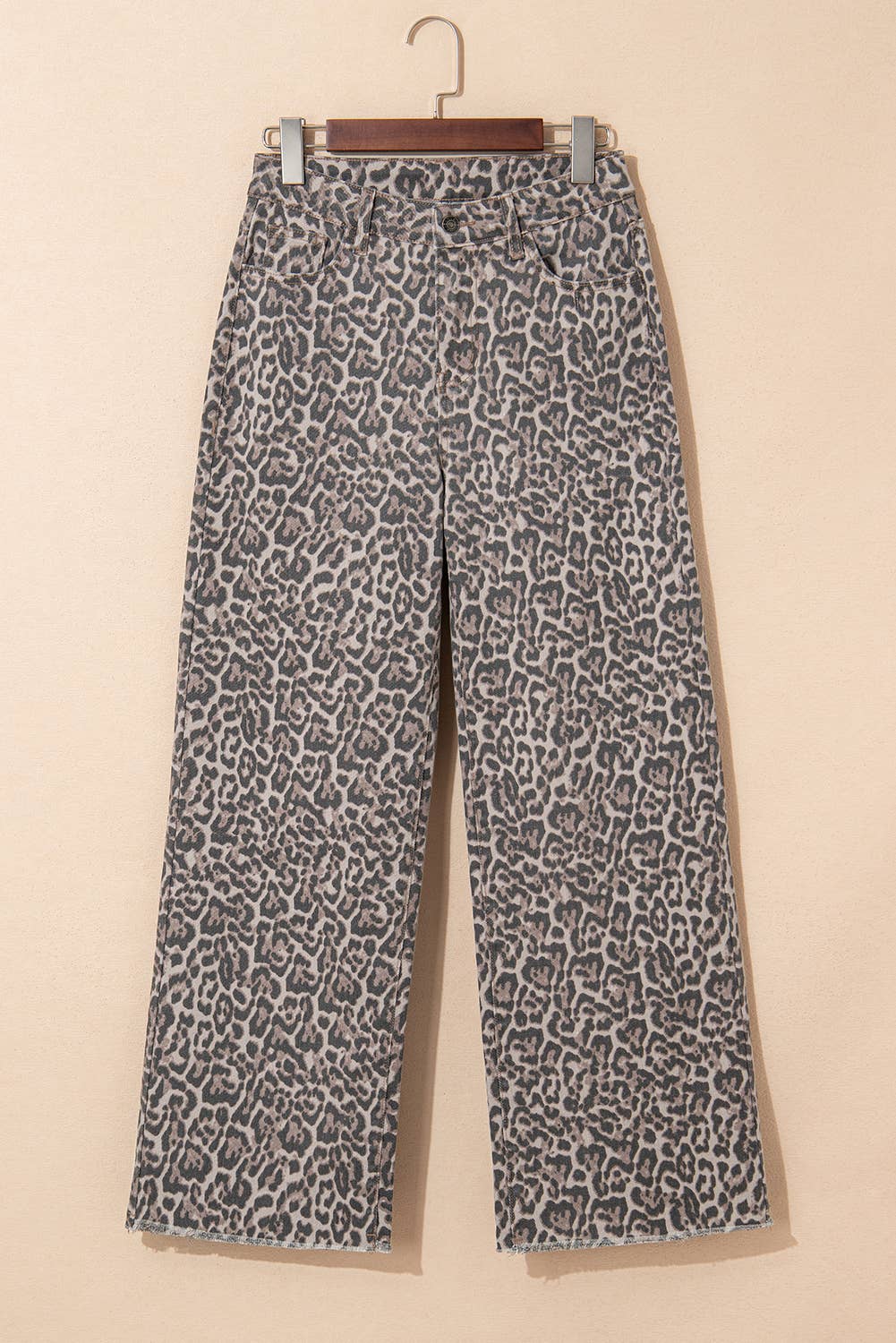 Denim Leopard Frayed Edge Wide Leg High Waist Jeansu