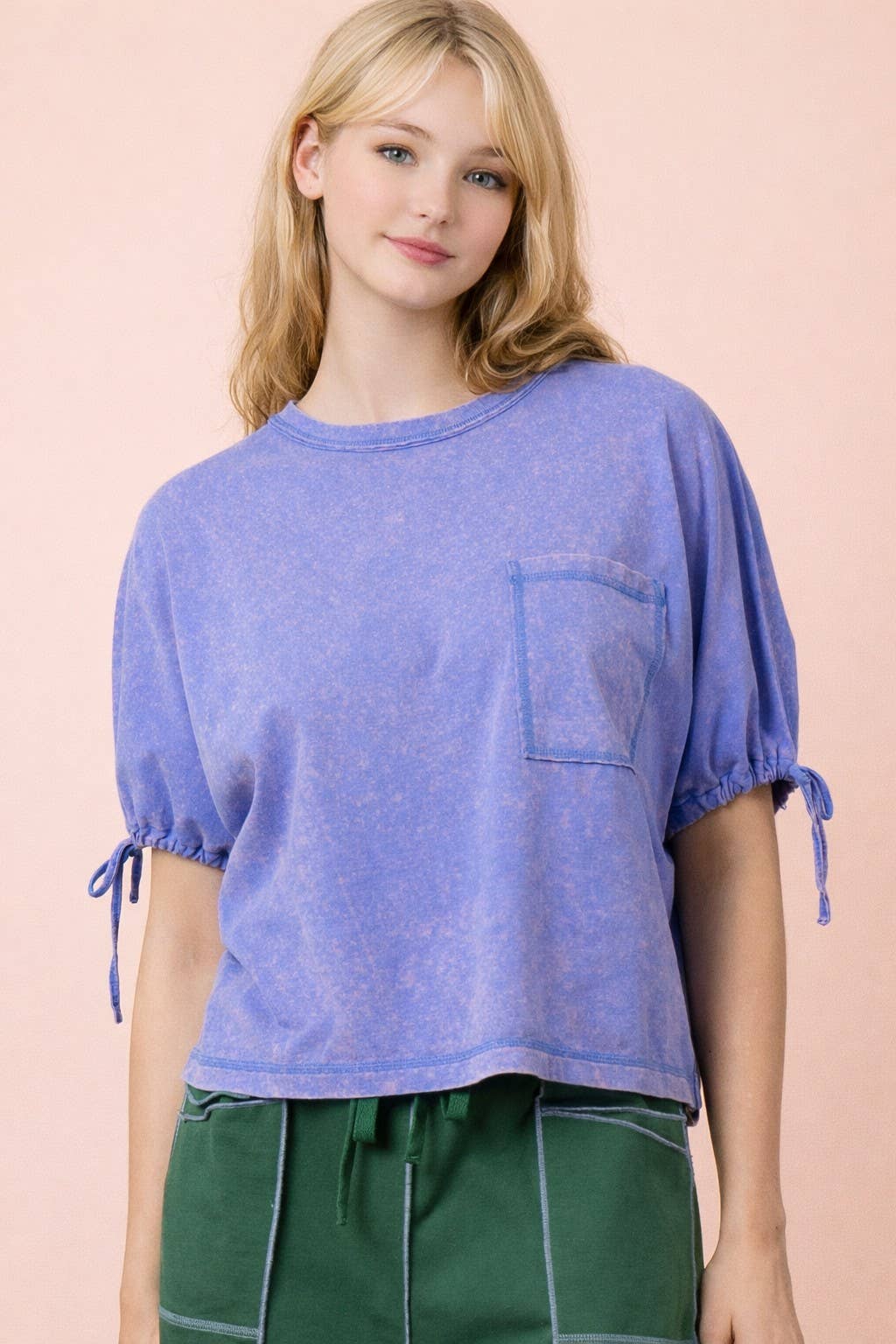 Mineral Washed Sleeve Tie Detail Knit Top