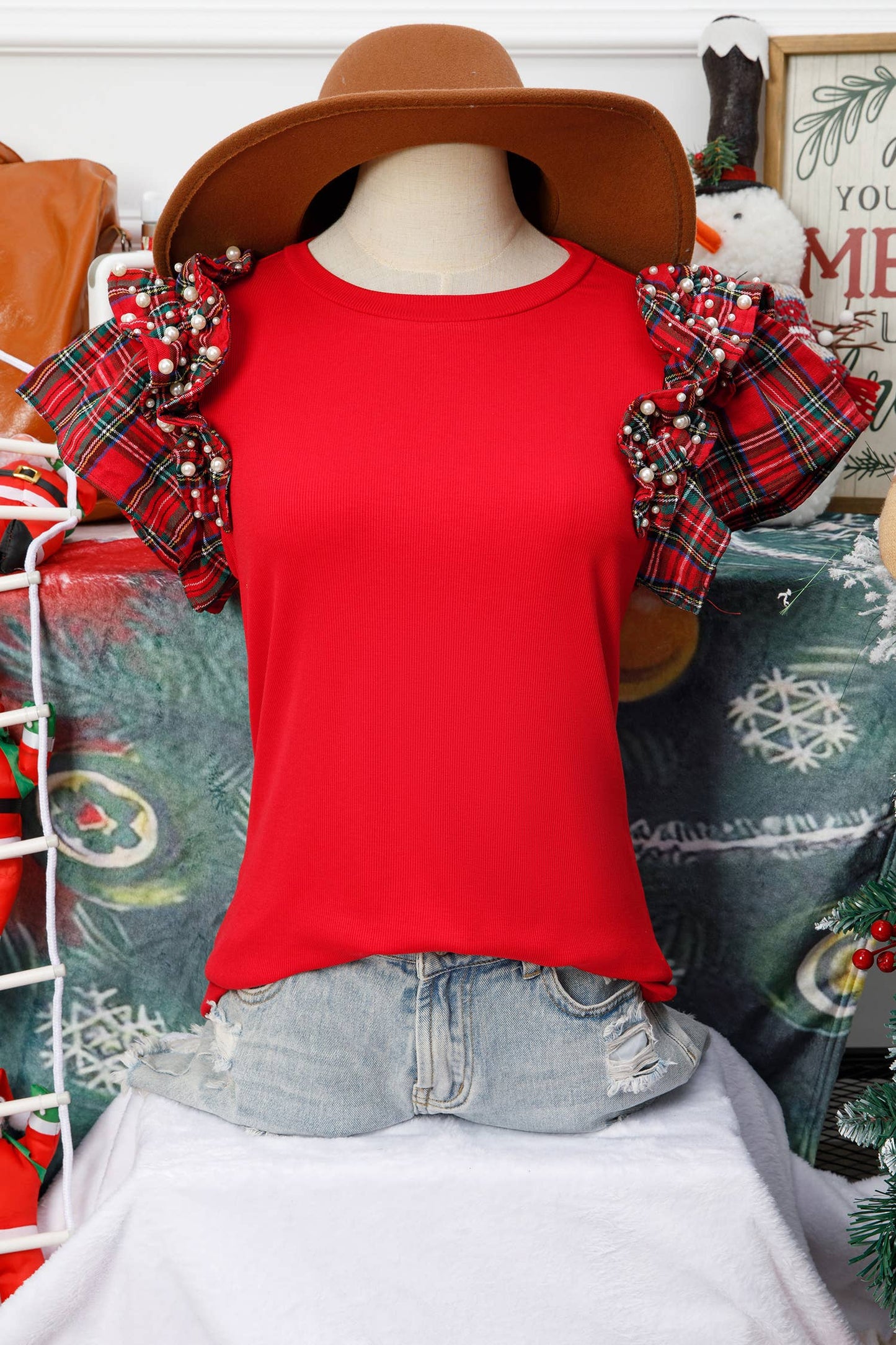 Christmas Plaid Pearl Ruffle Short Sleeve Loose T Shirt