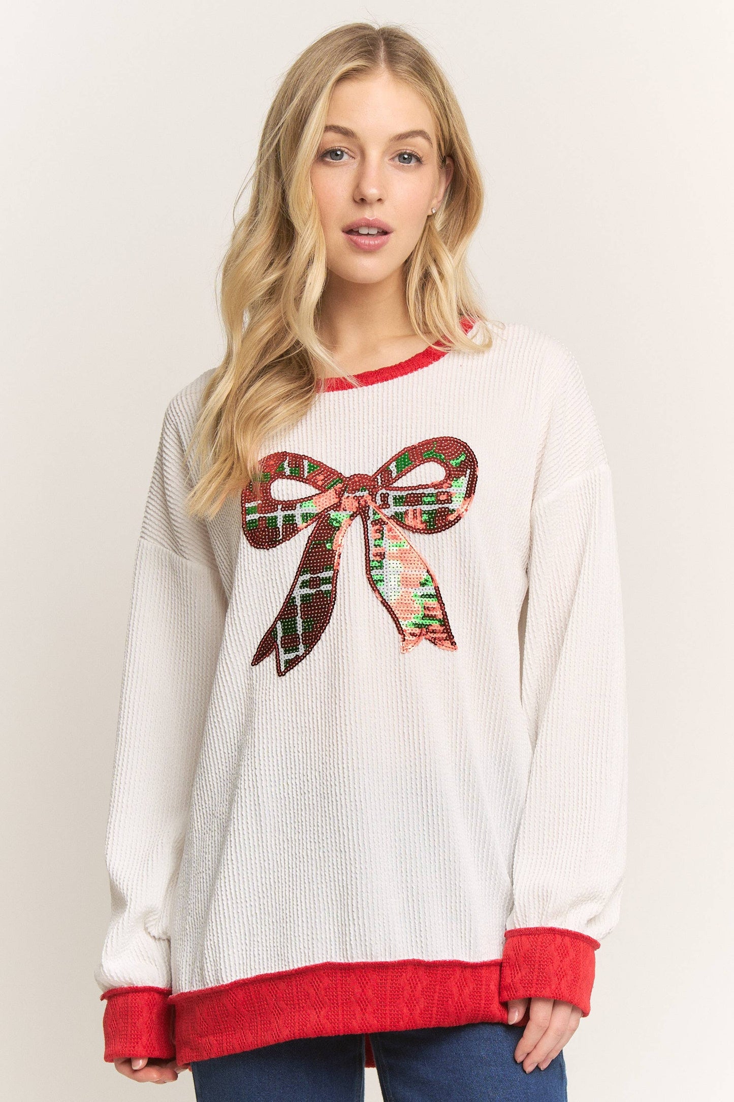 White ribbed sequin bow top