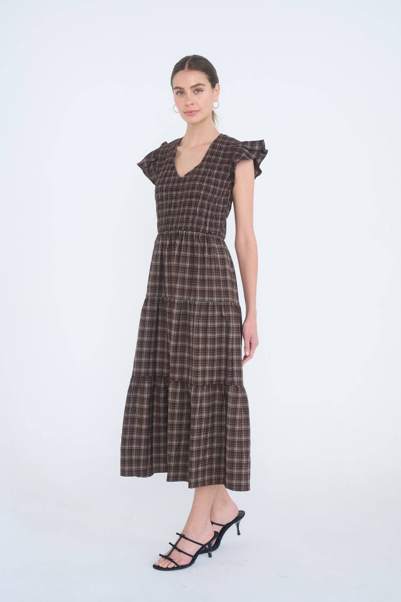 PLAID V NECK SMOCKED TIERED MIDI DRESS