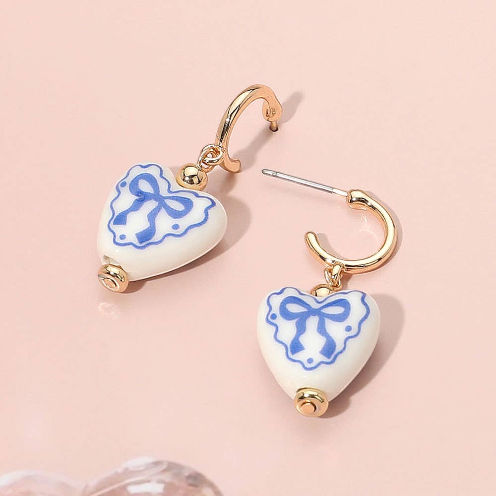 Bow Printed Heart Ceramic Charm Dangle Earrings: Blue,Goldo