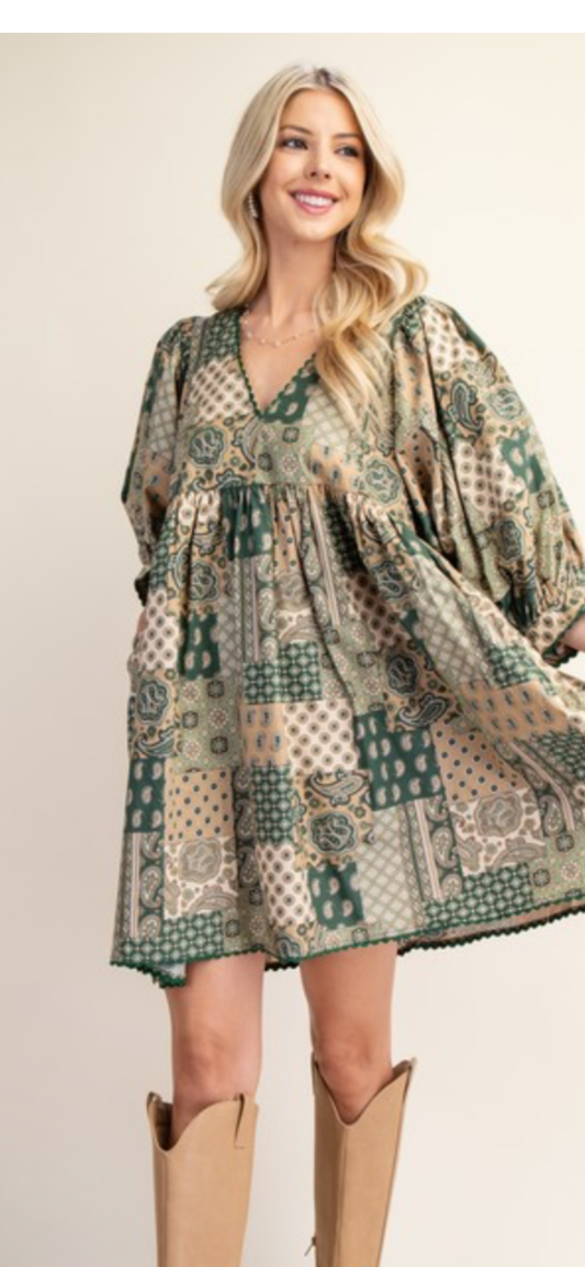 Patch paisley olive dress