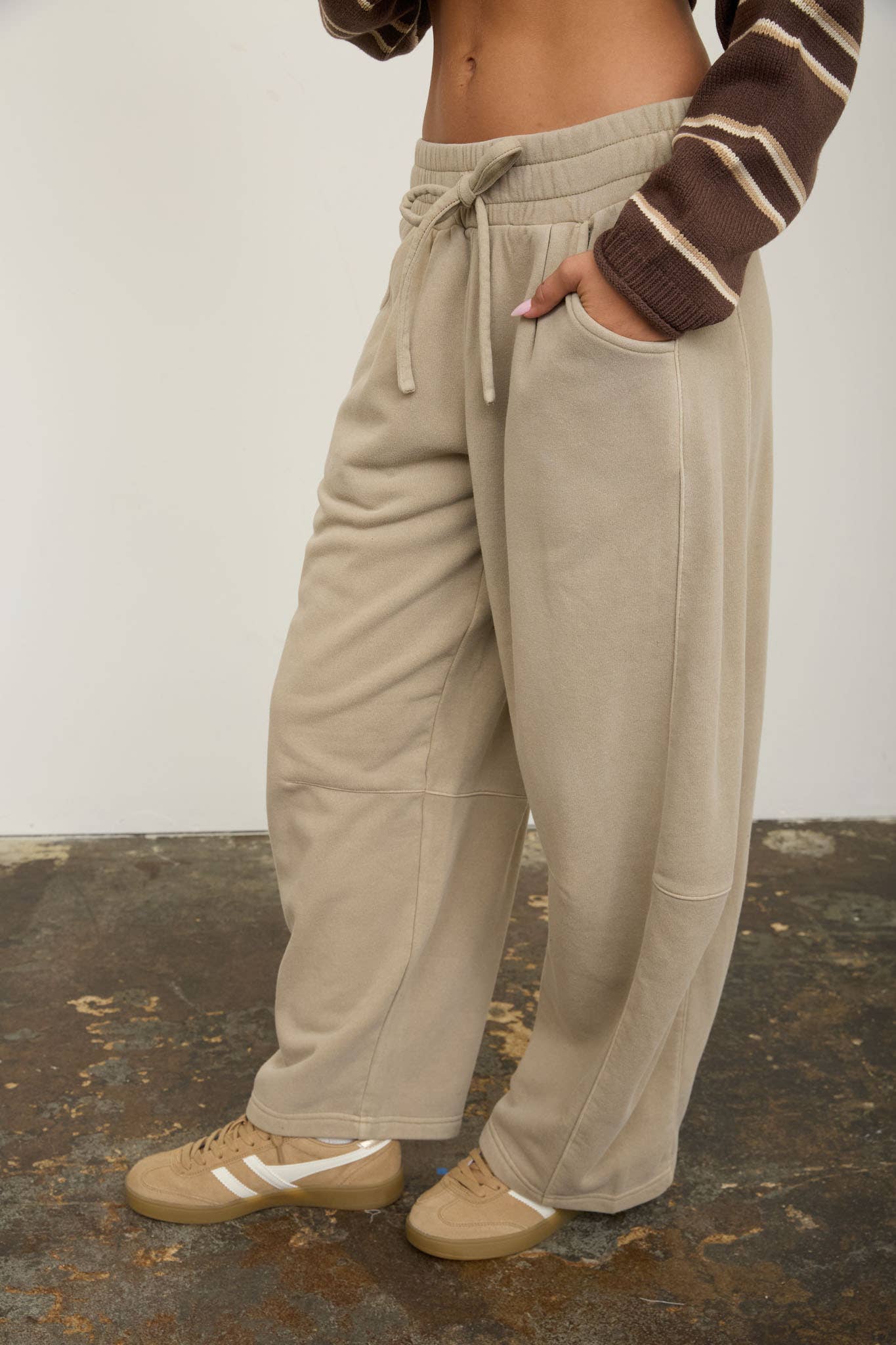 SMOCKED WAIST DRAWSTRING BARREL LEG SWEATPANTS