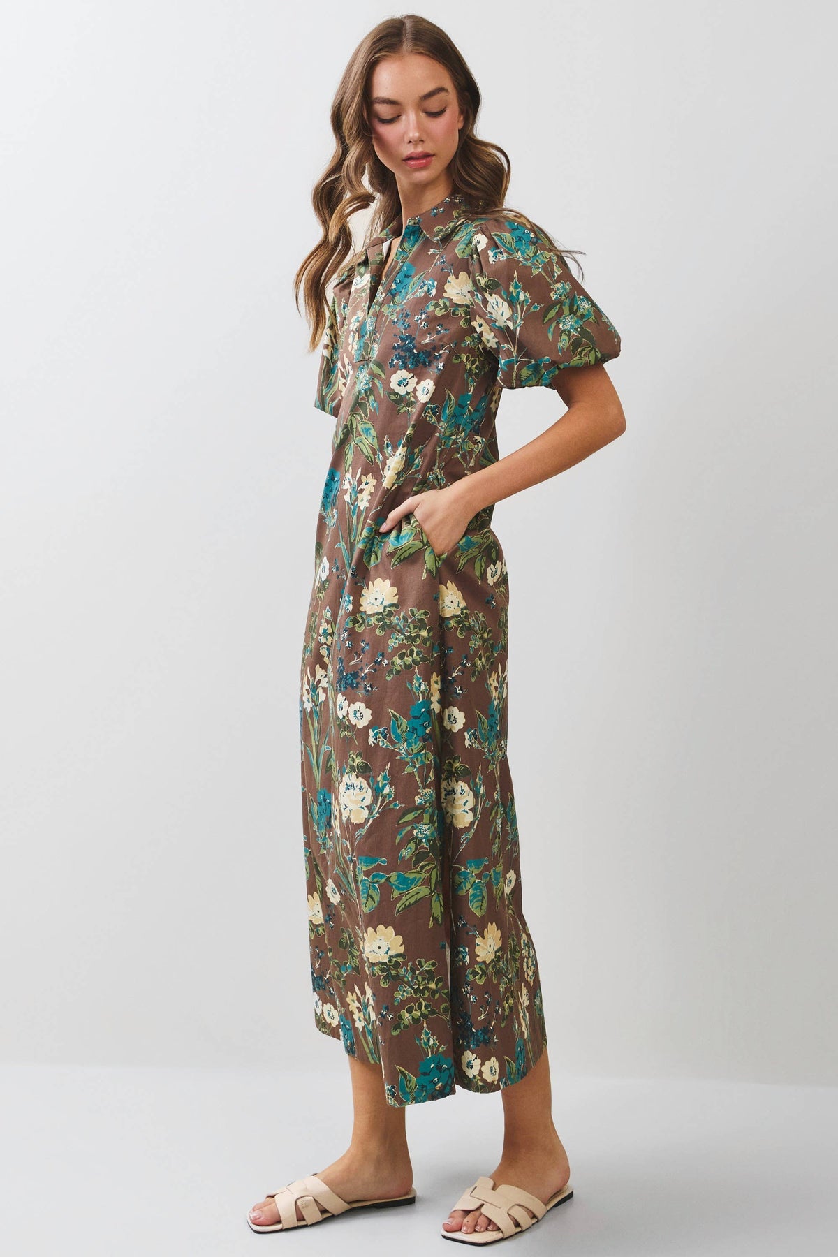 Floral Puff Sleeve Collared Midi Dress