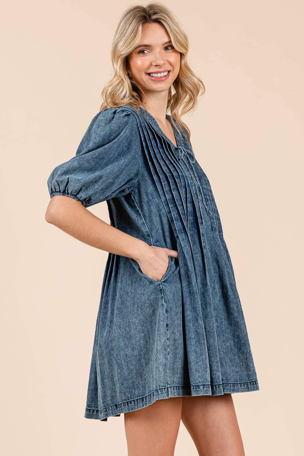 Loose-Fit Denim Pleated Mini Dress,