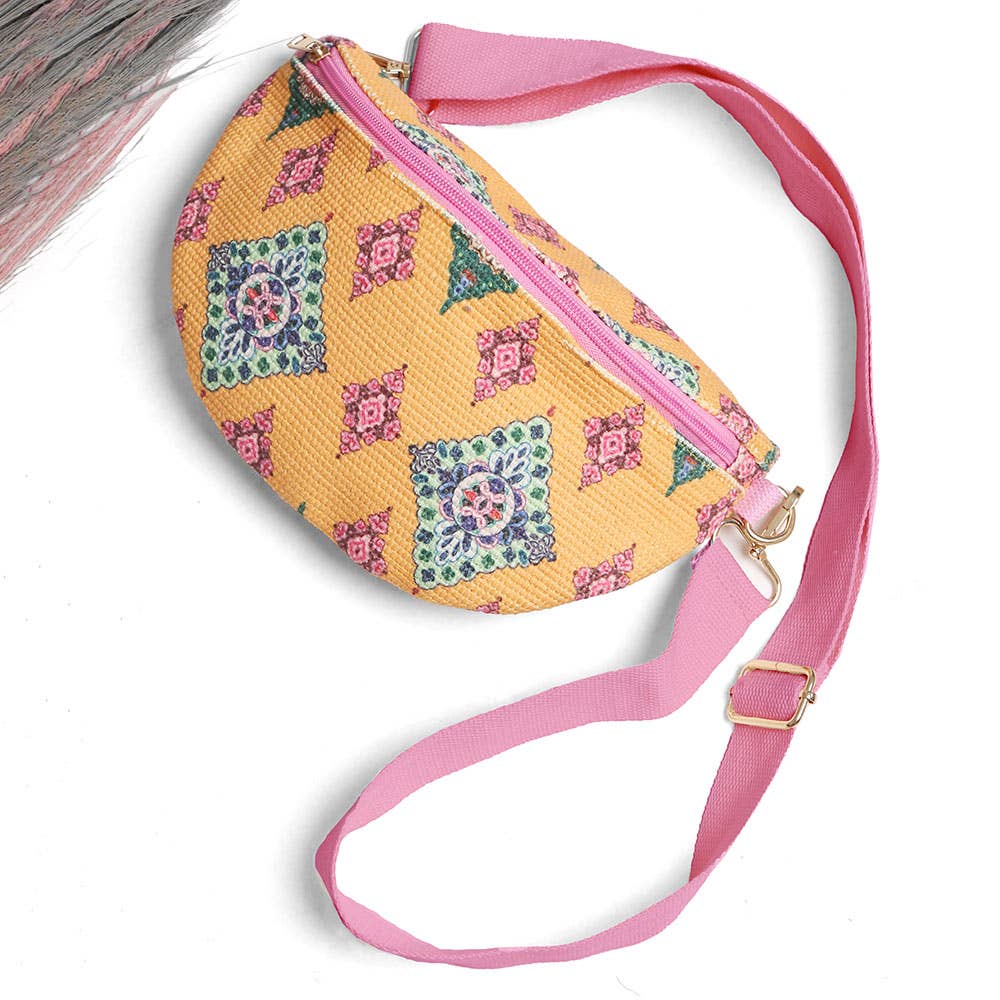 Boho Abstract Embroidered Crossbody Belt Bag / Fanny Pack: PINK GREEN