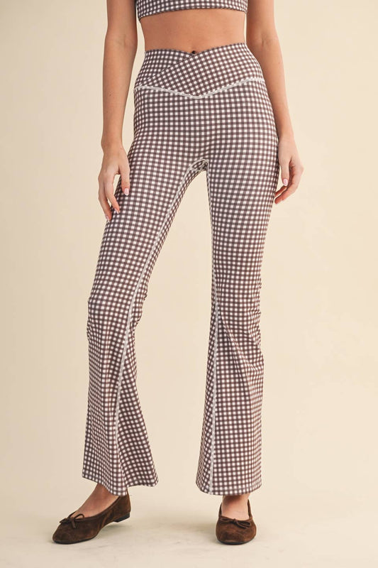 KIMBERLY C - Gingham Print High Waist Crossover Flare Legging
