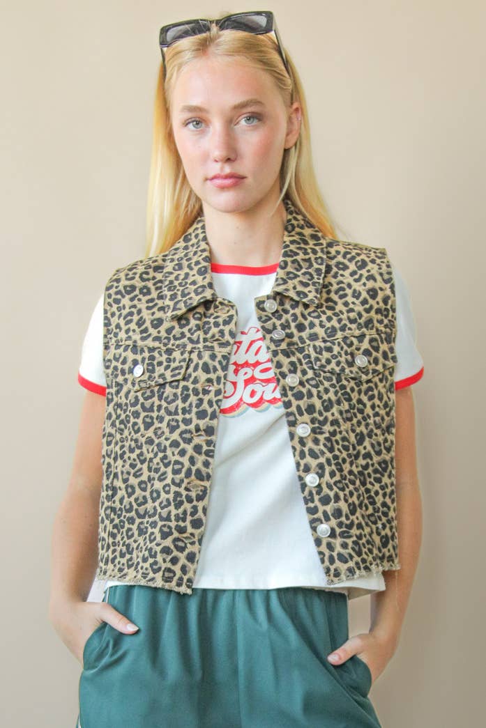 Leopard Printed Collared Casual Vest