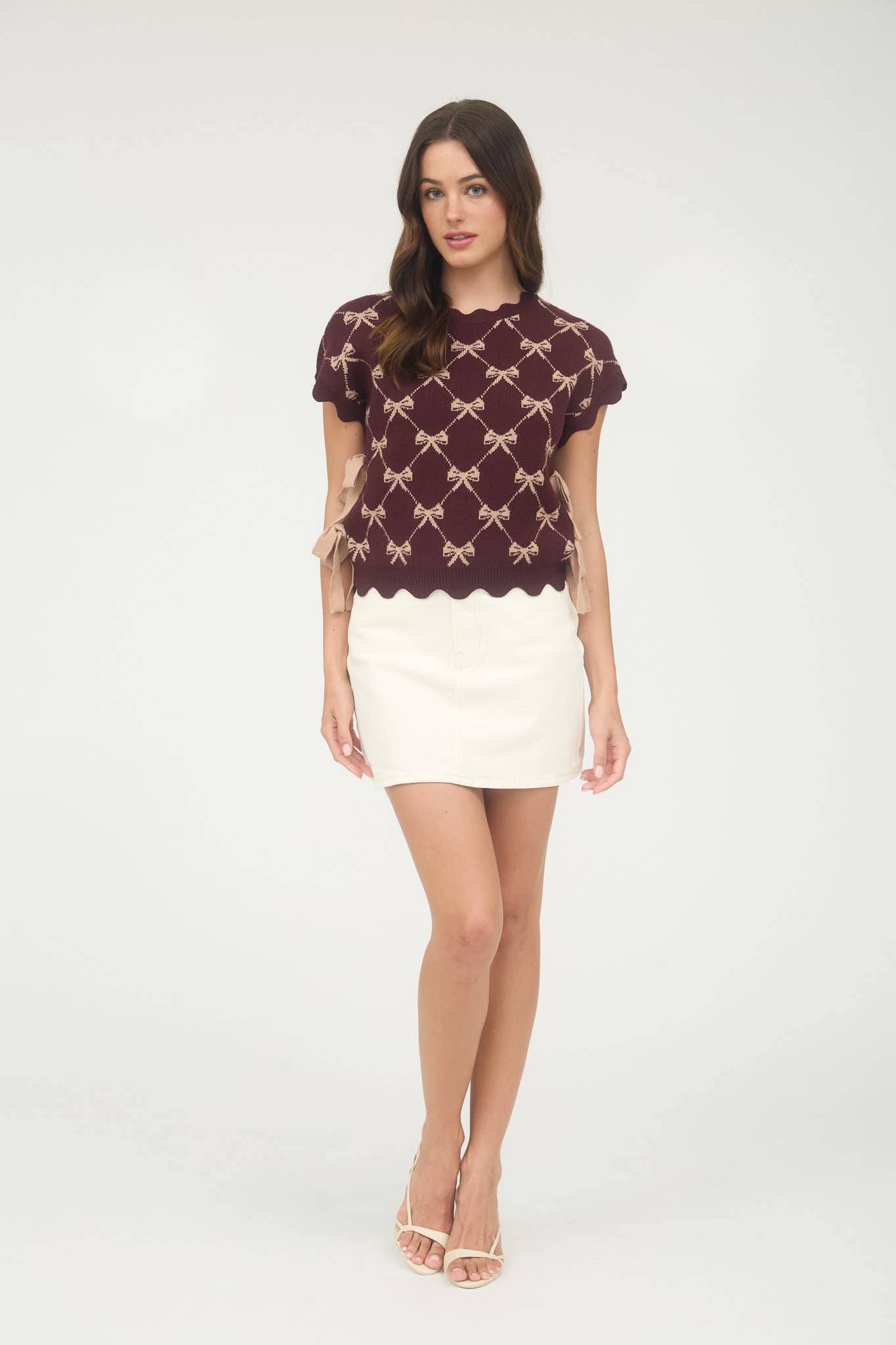 BOW PATTERN SHORT SLEEVE SIDE TIE KNIT PULLOVER: Burgundy